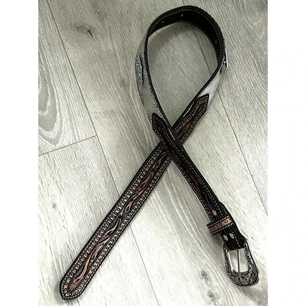 Men's Leather Western Belt Size 30 Silver Buckle Pony/Calf Hair Tooled